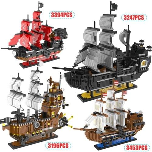 Toys For Children Mini Blocks Caribbean Pirate 3D Model Sailing Black Pearl Ship Boat Queen Annes DIY Diamond Building Blocks