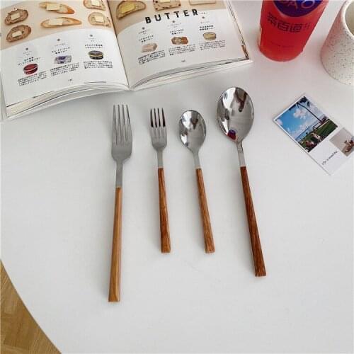 Imitation wooden handle stainless steel knife and fork tableware dessert spoon ice cream spoon steak knife pasta fork dinnerware