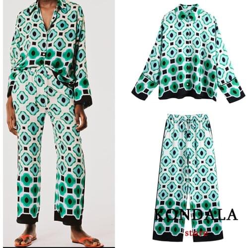 KONDALA Za Summer Women Sets Suits Vintage 2 Pieces Oversized Long Sleeve Shirts Geometirc and High Waist Loose Wide Leg Pants