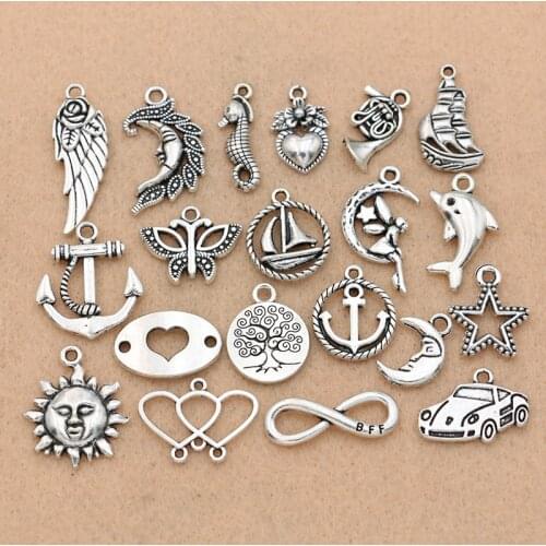 Mix Antique Silver Angel Wings Heart Sun Infinity Love Charm Pendant Jewelry Making Bracelet Accessories Findings Handmade 20PCS