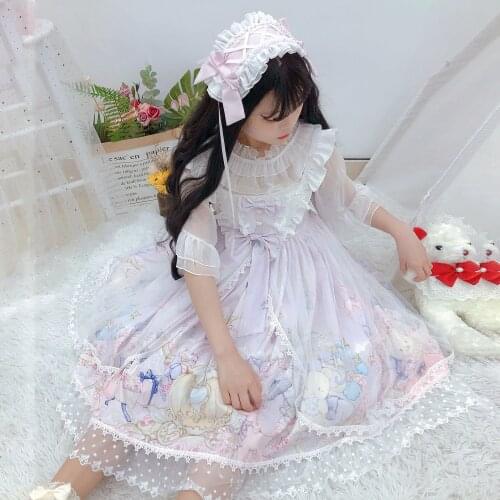 Sweet Lolita dress Short-Sleeved Cute Bear Waist Hugging Slim JSK Dungaree Dress Summer for Children lolita princess dress