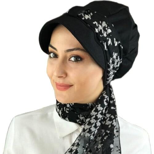 Islamic Fashion Muslim Women Hijab 2021 Trend Single Size Bathing Cap Beret Ready Shawl Scarf Buckle Perverted Black Biritli Scarf Hijab hat