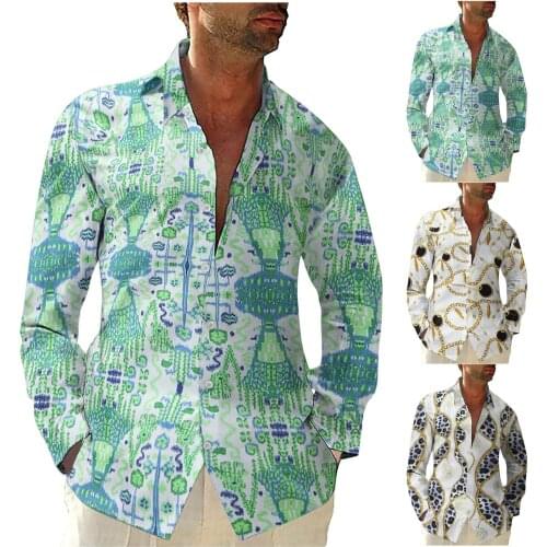 Mens Printed Casual Blouse Lapel Loose Large Size Long Sleeved Shirt Simple Fashion Comfy Shirts Рубашка Оверсайз Free Shipping