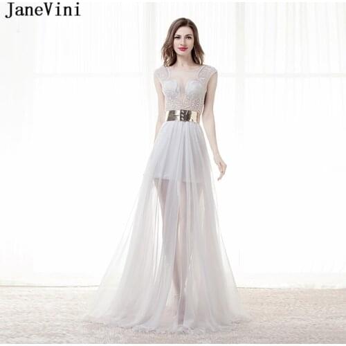 JaneVini Charming Chiffon White Long Bridesmaid Dresses Floor Length A Line Illusion Back Lace Formal Party Arabic Prom Gowns