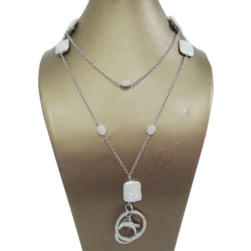 ID NECKLACE, LANYARD NECKLACE MADE OF metal Rhodium PLATING , nature Rectangle baroque freshwater pearl,RICE PEARL