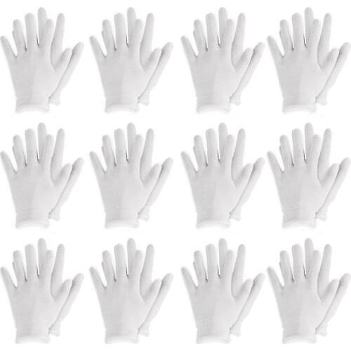 12 Pairs White Reusable Elastic Soft Cotton Work Household Gloves Coin Jewelry Inspection Waiters Work Hands Gloves