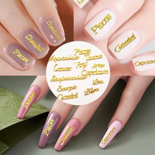 Constellation *12 Letters Nail Charms Pendant Alloy Letter Gold 3D Nails Rhinestone Press On Star Sign Decor Zodiac Bulk DGR