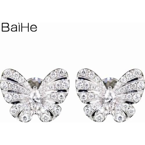 BAIHE Solid 14K White Gold 0.38ct H/SI Natural Diamond Wedding Trendy Fine Jewelry butterfly diamond Stud Earrings for Women