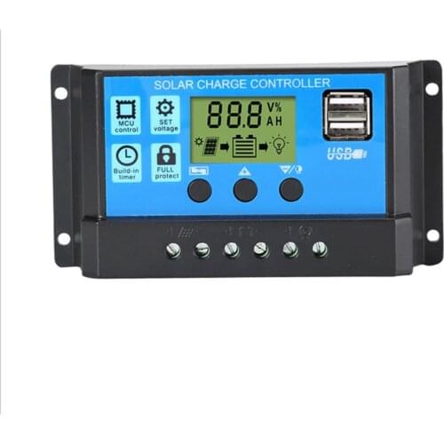 60A/50A/40A/30A/20A/10A 12V 24V Auto Solar Charge Controller PWM Controllers LCD Dual USB 5V Output Solar Panel PV Regulator