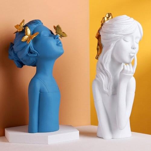 Modern White Blue Girl Character Resin Accessories Bedroom Desktop Figurines Decoration Home Livingroom Table Sculpture Crafts