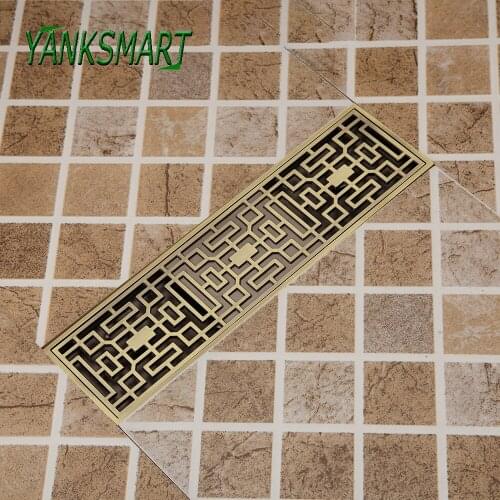 YANKSMART Antique Brass Brushed Luxury Brathroom Drain Rectangle Waste Stainless Steel Linear Shower Floor Bathroom Accessories