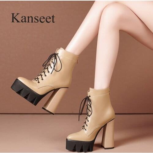 Kanseet Fashion 2021 Autumn Winter New Ankle Boots Genuine Leather Handmade Party Zipper Brown Super High Heel Women Short Boots