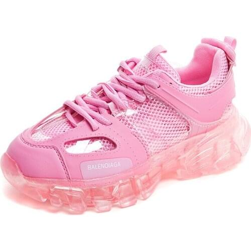 Women Chunky Sneakers Genuine Leather Women Shoes 2021 Fashion Crystal Platform Sneakers Mesh Stitching Leather Female Shoes