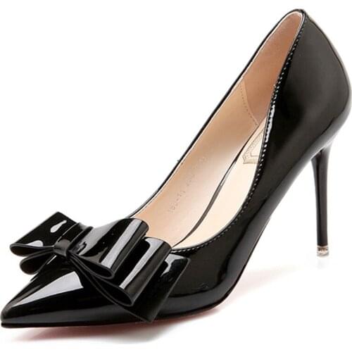 2018 Spring And Autumn New Green High Heel Pointed Patent Leather Fashion Stiletto Womens Shoes Bow Blue Wild Single Shoes