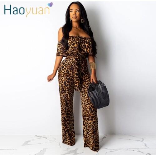 HAOYUAN Leopard Print Rompers Womens Jumpsuit Off Shoulder Festival Clothing One Piece Outfits Wide Leg Pants Ladies Jumpsuits
