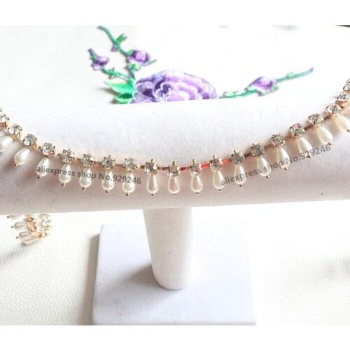1 yard/lot 1.7cm teardrop pearl tassel fringe crystal rhinestone gold chain sewing on strass for dress collar costume accessory
