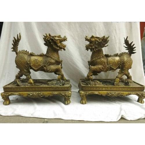 14" China brass copper carved guard Foo Dogs Lion kylins pairSculpture Statues