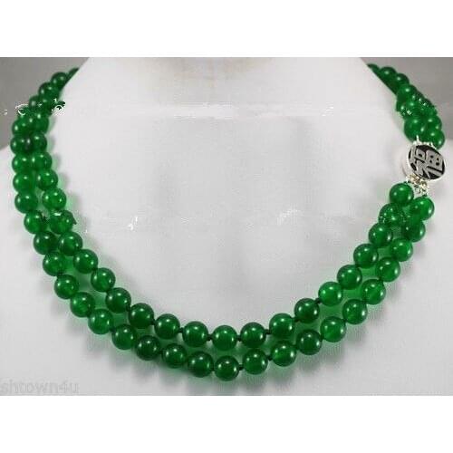 2rows 8mm Green Jades Round Beads Jewelry Necklace Silver Clasp
