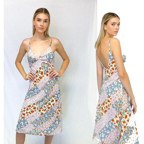 2021Spring new European and American Foreign Trade womens wear chest knotted printed suspender dress suspender