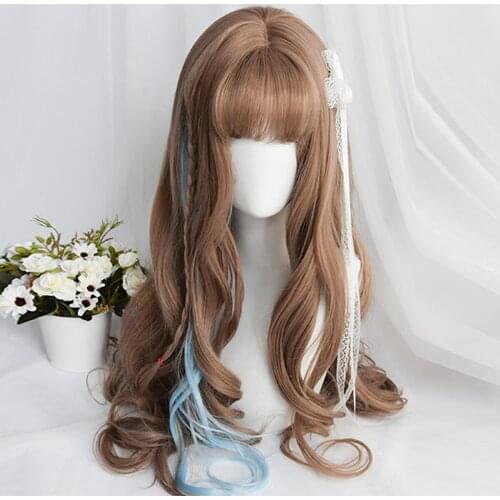 CosplayMix 55-68 CM Lolita Long Curly Ombre Pink Blonde Blue Gradient Bangs Cute Heat Resistant Ombre Synthetic Hair Cospl