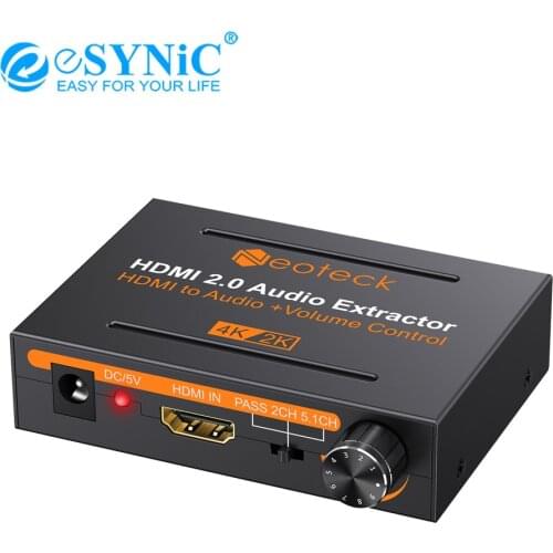 ESYNiC HDMI 2.0 Audio Extractor Support 4K@60Hz YUV 4:4:4 HDMI To Optical TOSLINK SPDIF 3.5mm Headphone Stereo Audio Converter