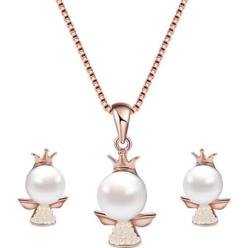 HC Cute Angell Drop Earrings Kid Children Gift Necklace Set Women Lovely Pearl Crown Cartoon Fairy Angle Girl Baby Jewelry Set T