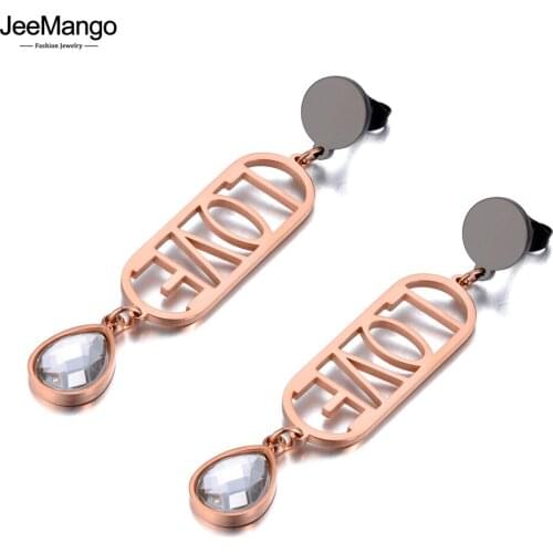 JeeMango Romantic Stainless Steel Love Letter Charm Earrings Rose Gold Trendy CZ Crystal Bohemia Party Jewelry For Women JE20182