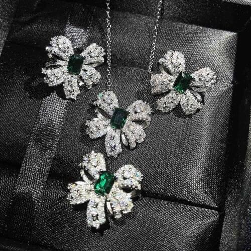 Asscher Colombia Emerald Gemstone Luxury Jewelry for Women 925 Sterling Silver Bow Ring Necklace Earrings Designer Jewelry Sets