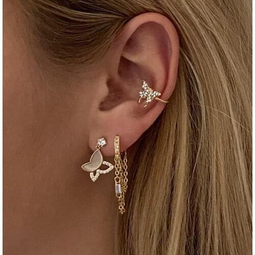 Round Earring Baguette CZ Tassel Chain Small Hoop Earrings For Women 3colors Delicate Minimal Statement Ethnic Gothic Jewelry