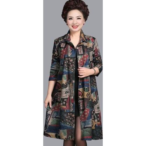 Fashion Long Trench Female Autumn Floral Printing Beautiful Middle Age Women Causal Windbreaker Chinese Style National Coat W92
