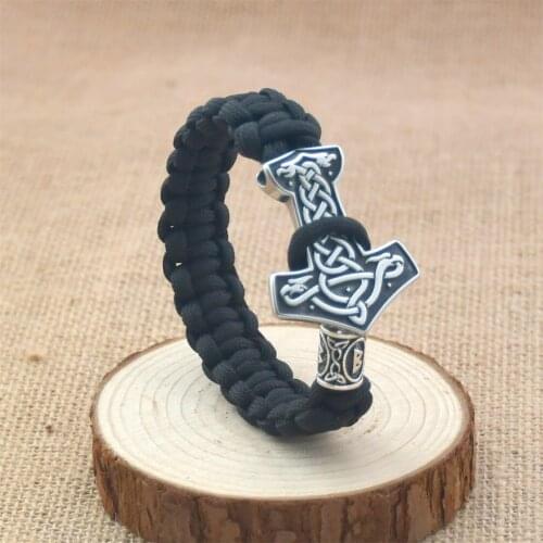 Mens Viking Stainless Steel Hammer-shaped Dragon Pattern Bracelet Nordic Rune Beads Black Umbrella Cord Hand-woven Bracelet