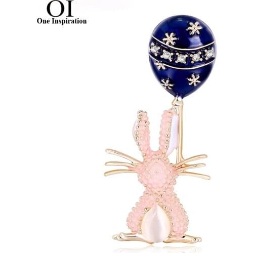 OI Kawaii Enamel Balloon Rabbit Shape Brooches For Women Gold Color Cartoon Animal Brooch Hijab Pins