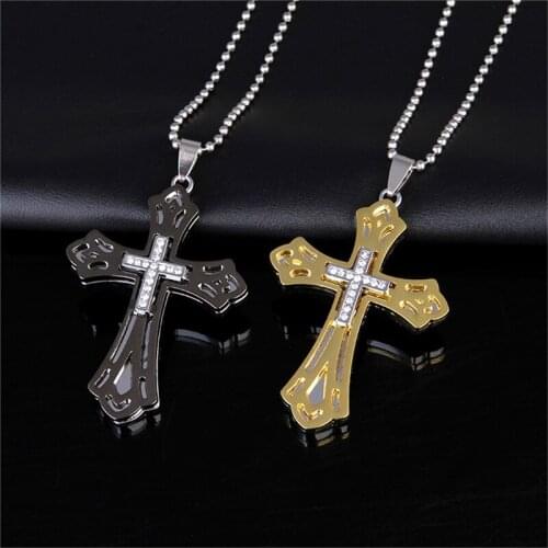 Crucifix Cross Pendant Necklace Alloy + Rhinestone Male Punk Necklaces Round Bead Chain Men Women Necklaces Jewelry Gifts