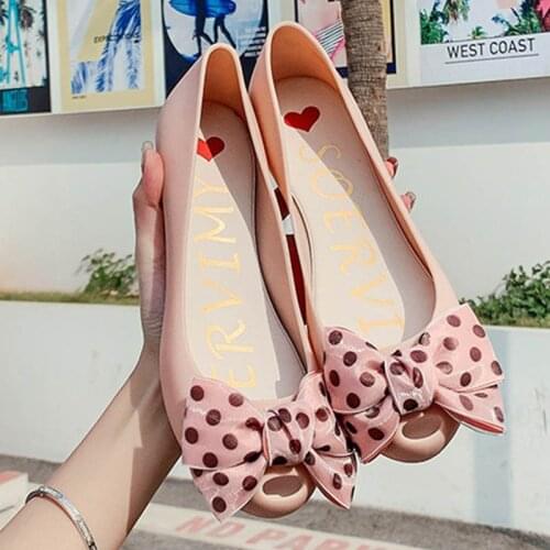 Popular Polka dot bow-knot jelly shoes women peep toe plastic ballerina pvc loafers rainproof antiskid candy woman flats 2020