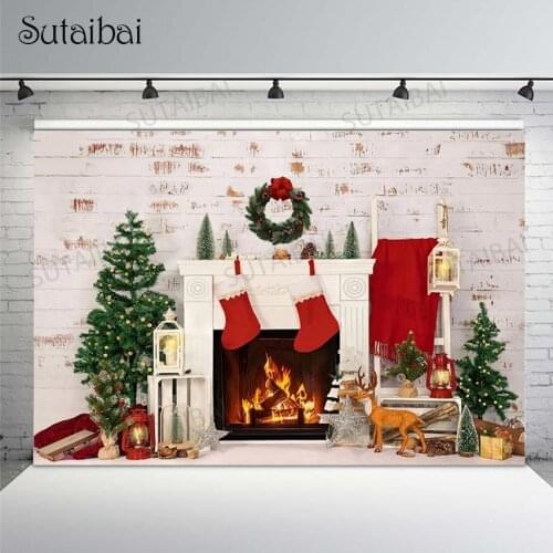 Christmas Backdrop Fireplace White Brick Wall Living Room Photography Background Photo Studio Newborn Child Portrait Photocall
