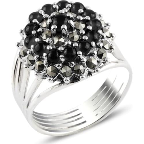 Silver 925 Sterling Onyx & Marcasite Ring