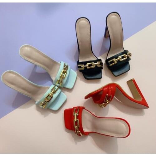 2021 spring/summer new single-layer leather metal women slippers fashion square chain high heel sandals beach flip flop