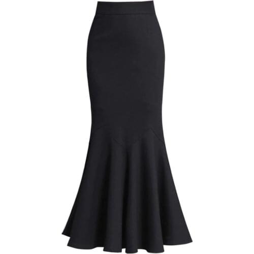 Womens Skirts Long Black Mermaid Skirt 2021 High Waist Slim Bodycon Fish Tail Trumpet Skirts Bottoms Ruffles Ladies Office Skirt