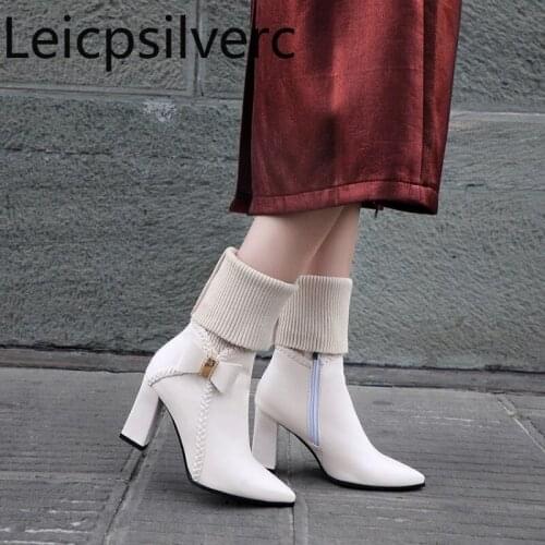 Womens Boots Autumn And Winter New Pointed zipper butterfly Knot Thick heel High heel Middle tube Womens shoes plus size 32-47