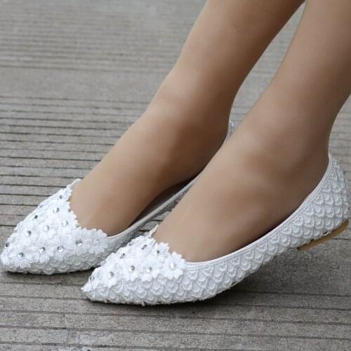 Crystal Queen White Wedding Flat Shoes low High Heels Women Shoes Heels Lace Appliques Rhinestone Bridal Dress Shoes Big Size
