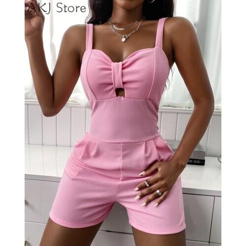 Women Sexy Playsuit Cutout Front Pocket Design Zip Back Romper