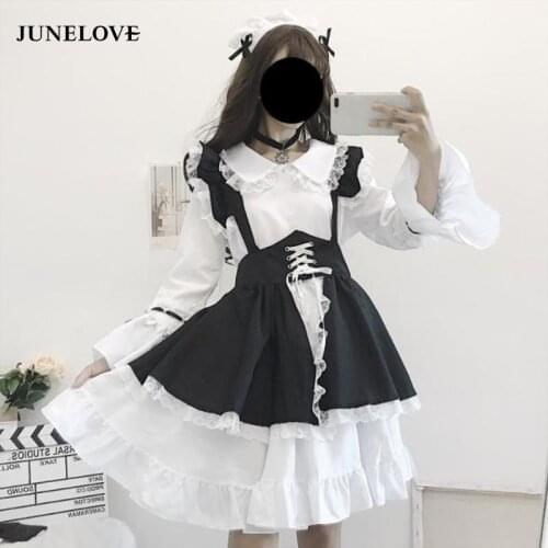 JuneLove Black White Gothic Lolita Maid Dress Women Japanese Kawaii Flare Sleeve 2 Piece Sets Girls Halloween Cosplay Costumes