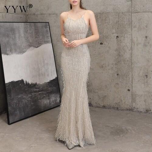 Sexy Sequined Evening Dress Robe De Soiree 2020 Halter Sleeveless Backless Tassel Long Mermaid Dress Robe Side Slit Party Dress