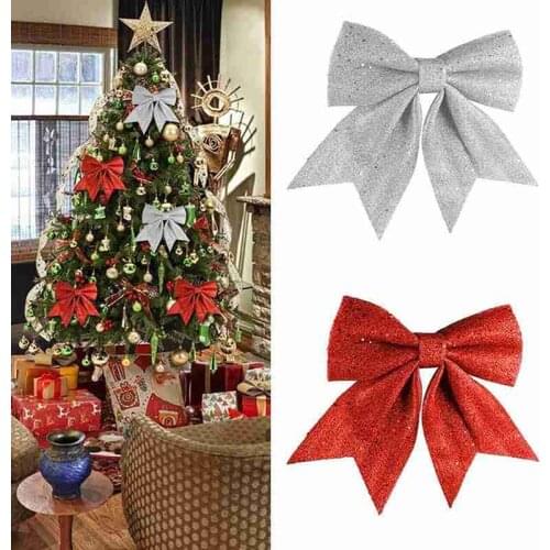 2Pcs/pack Christmas Tree Printed Bow Ornaments Christmas Glitter Ribbon Bow Christmas Tree Decorations