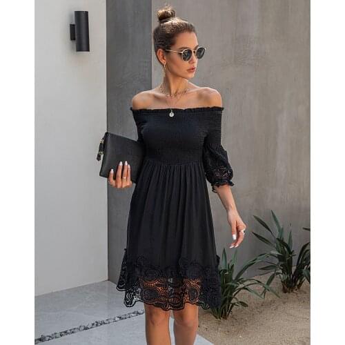 2021 Casual Vintage Female ClothingWomens One-Shoulder Open Back Solid Color Lace Dress Women Dresses Vacation Clothes Woman
