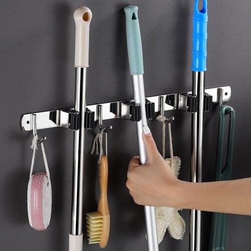 304 Stainless Steel Punch-free Mop Hook Holder Bath Towels Brush Storage Rack Multifunctional Wall-mounted Bathroom Pendant