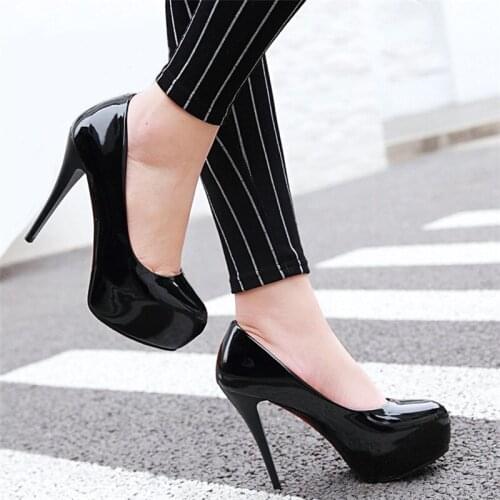 AGODOR 2020 Platform Heels Wedding Shoes Woman Sexy Thin High Heels 12cm Pumps Women Patent Leather Ladies Shoes Plus Size 42