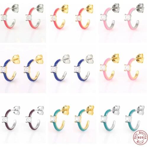 GS 925 Sterling Silver Colored Enamel Square Zircon Opening Circle Hoop Earrings For Women Luxury C Shape Earrings Jewelry