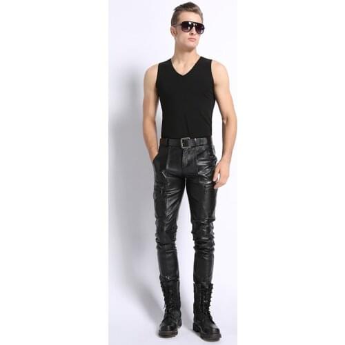 2021 Genuine Leather Pants Mens Sheepskin Leather Black Motorcycle Pants Men Streetwear Skinny Leather Pants Winter