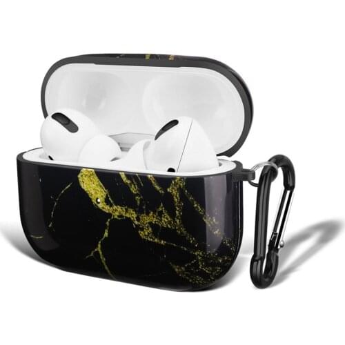 New Luxury TPU Soft Earphone Case For Apple Airpods Pro Glossy IMD Black And Gold Marble Design Earphone Cover With Hanger Hook